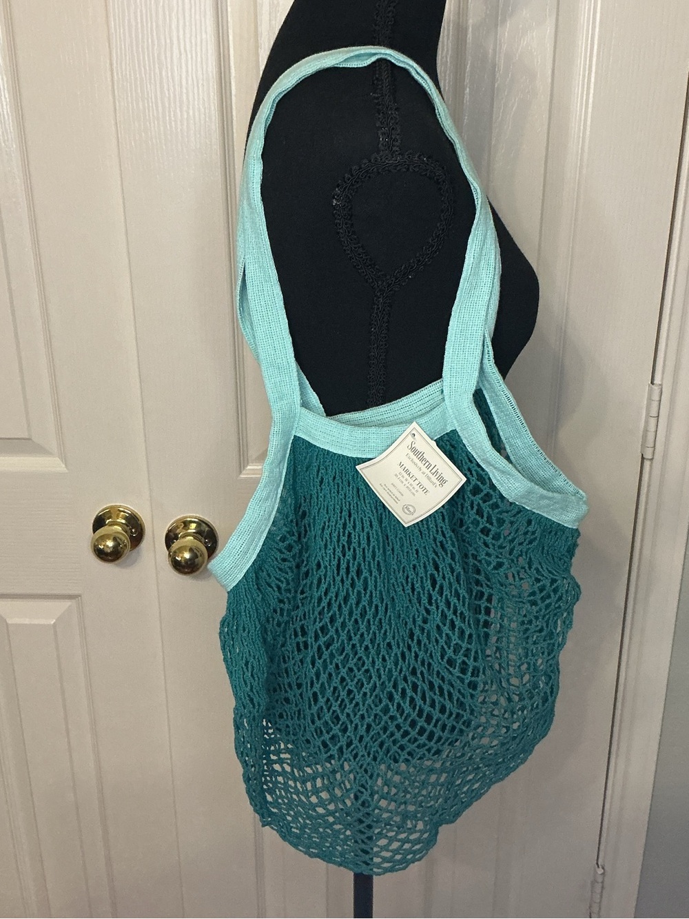Southern Living Aqua Teal Reusable Mesh Market Bag - Lightweight Tote